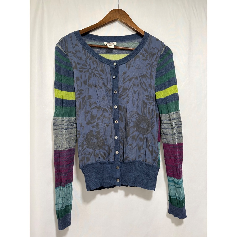 Sundance Silk Linen Floral Stripe Cardigan Sweater Multicolor Boho Size M
